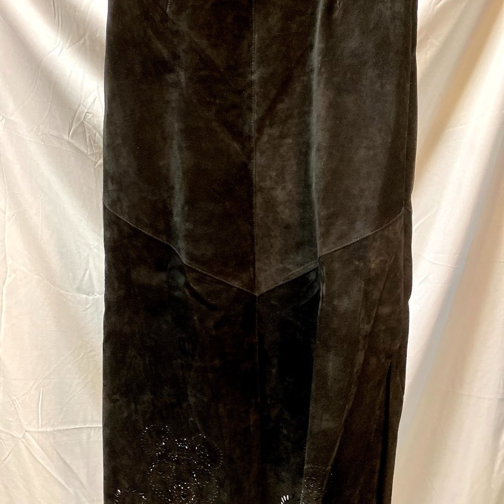 Black Soft Leather Eyelet Midi Skirt